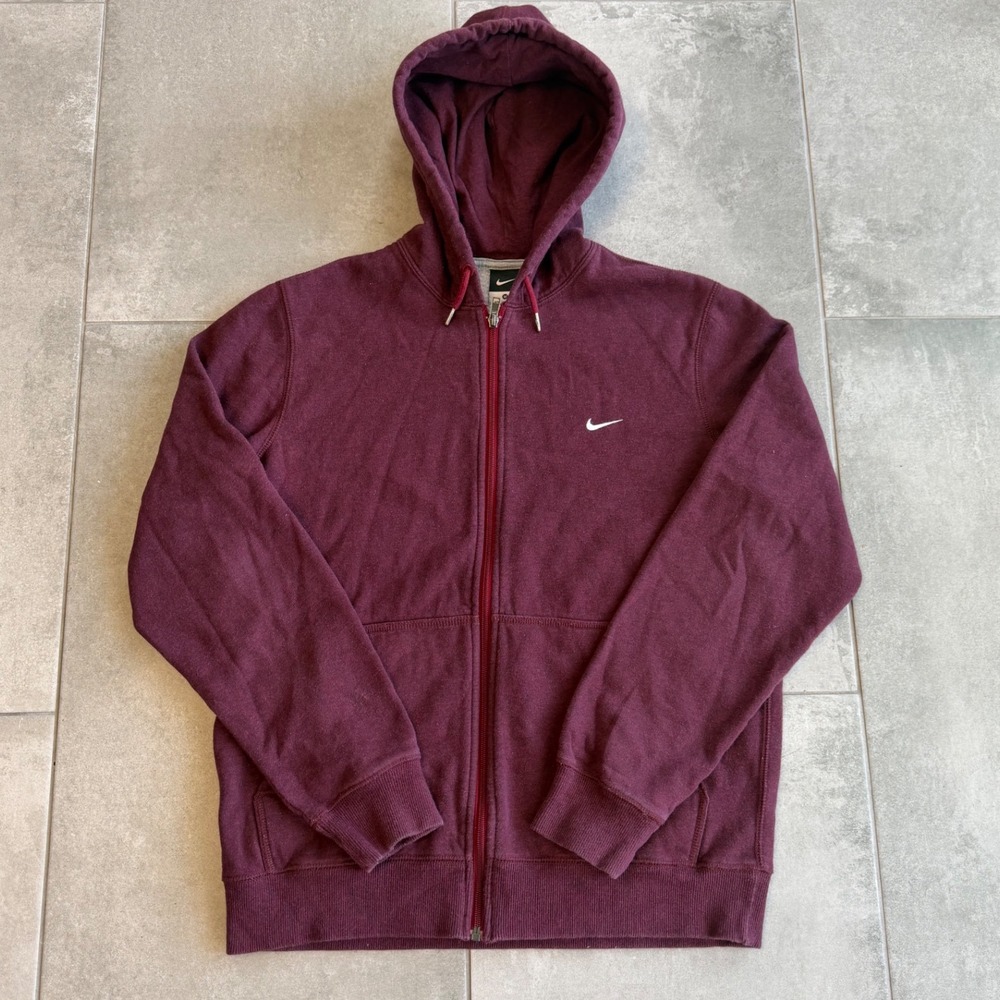 Vintage Y2K Nike Mens Full Zip Hoodie Maroon Fleece Swoosh Logo Sweatshirt M